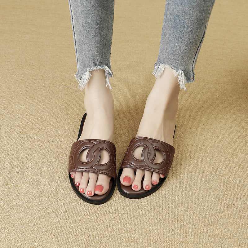 pig nose outdoor wear cut outflats slippers women's summer plaid sandals half slippers new arrival
