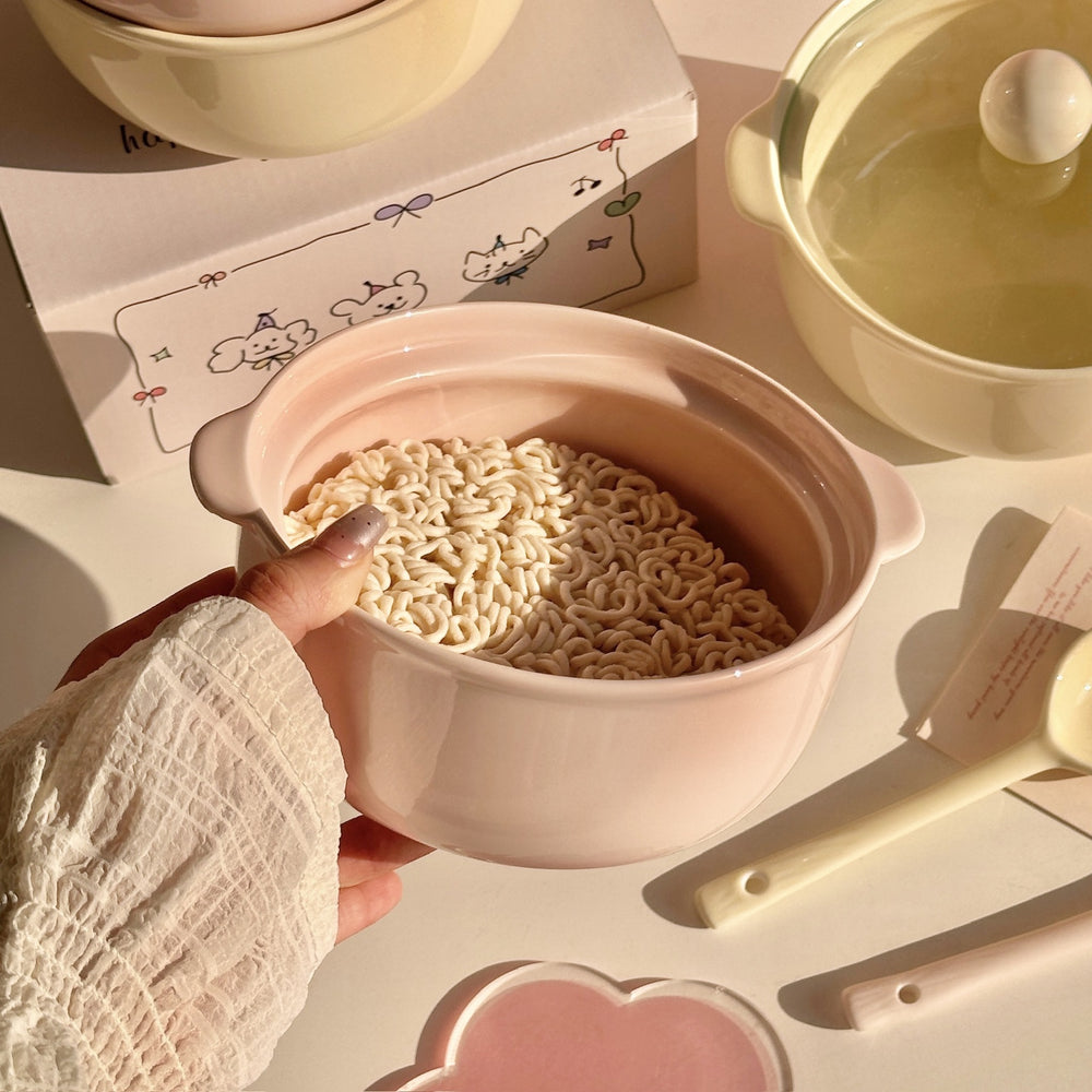 Double-eared bowl ceramic instant noodle bowl with lid special bowl for dormitory student large soup bowl for home one-person large-capacity bowl