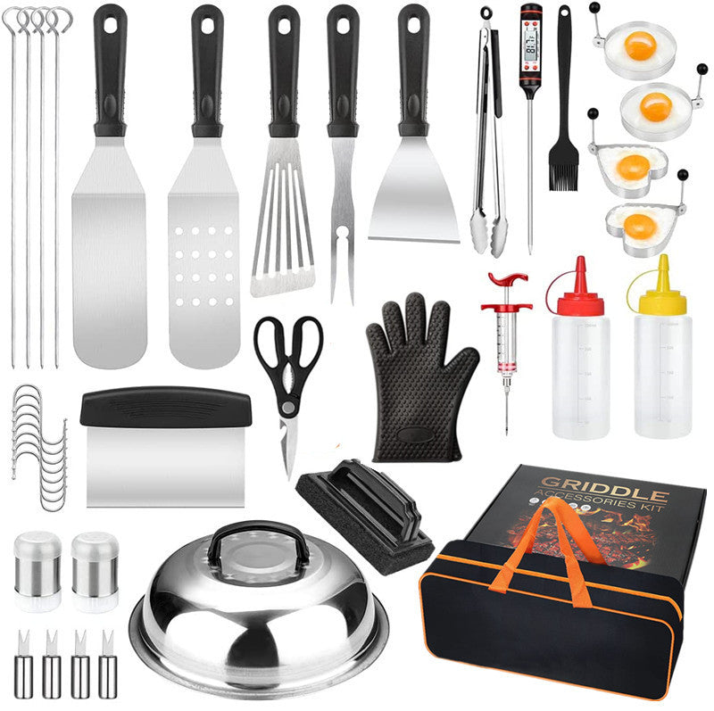 Cross-border stainless steel barbecue set, outdoor barbecue tools BBQ grill, cooking spatula, iron plate grill spatula, grill fork with fcm