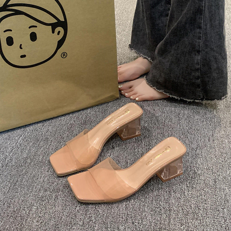 Transparent crystal slippers for women, perfect for wearing outdoors. new for summer 2024, these chunky high-heeled, square-toe, open-toe sandals are ideal for summer wear