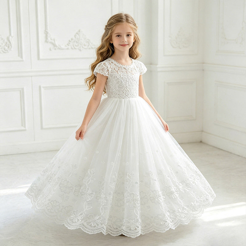 Amazon cross-border girls' dress - white minimalist style fashionable lace patchwork children's dress - new summer collection