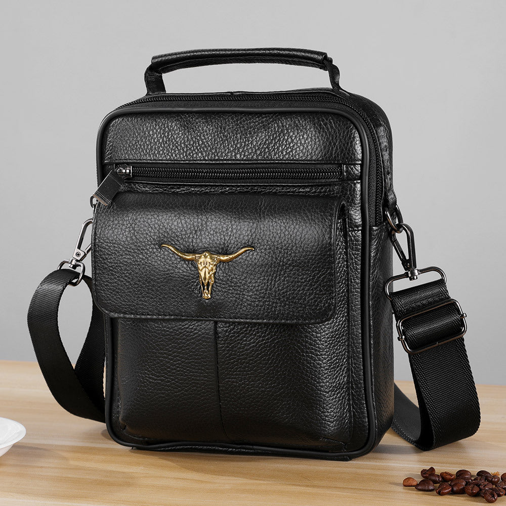 Casual shoulder messenger bag, men's leather satchel handbag, first-layer cowhide shoulder bag, large-capacity men's bag.