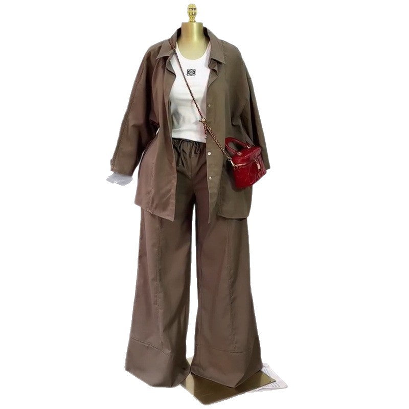 European and american cross-border women's fashion:  autumn new collection - stylish turn-down collar, loose-fit, three-quarter sleeve blouse and wide-leg pants set