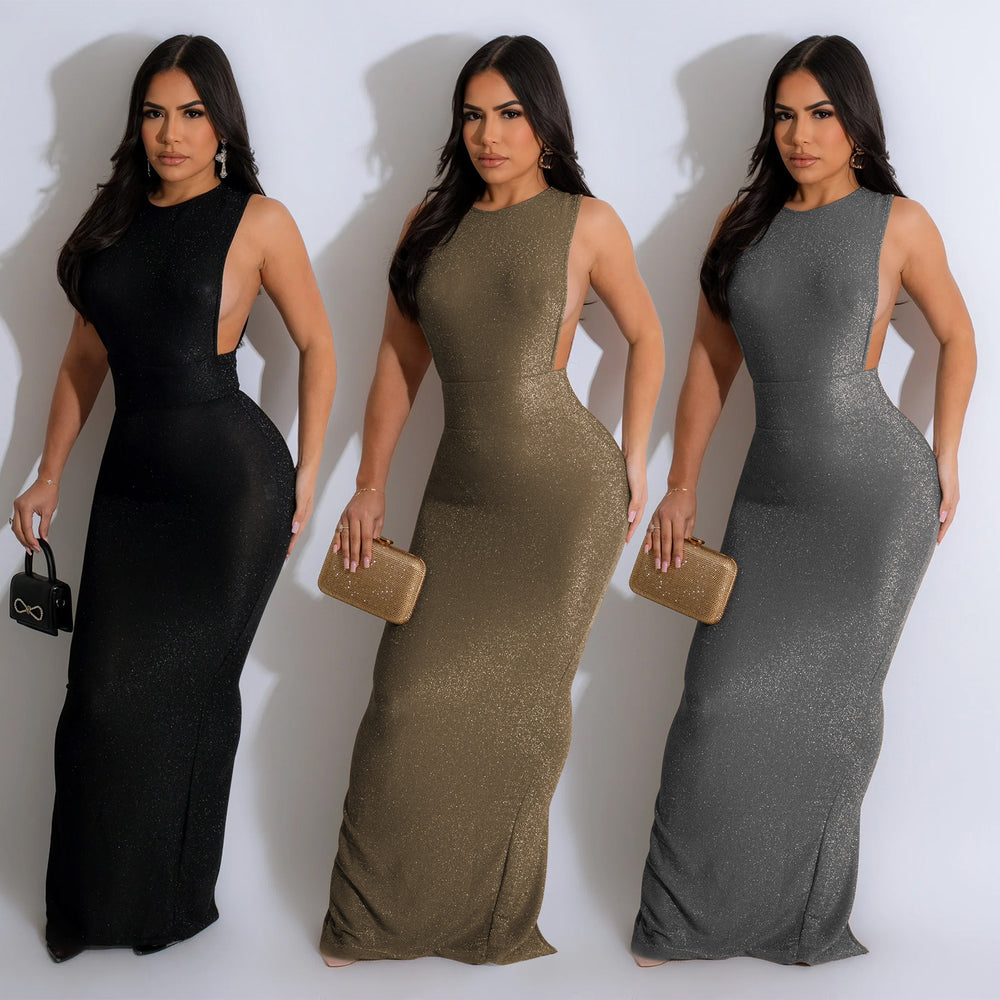 C6791 cross-border   fashion women's solid color round neck sleeveless slit maxi dress