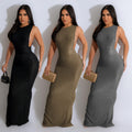 C6791 cross-border   fashion women's solid color round neck sleeveless slit maxi dress