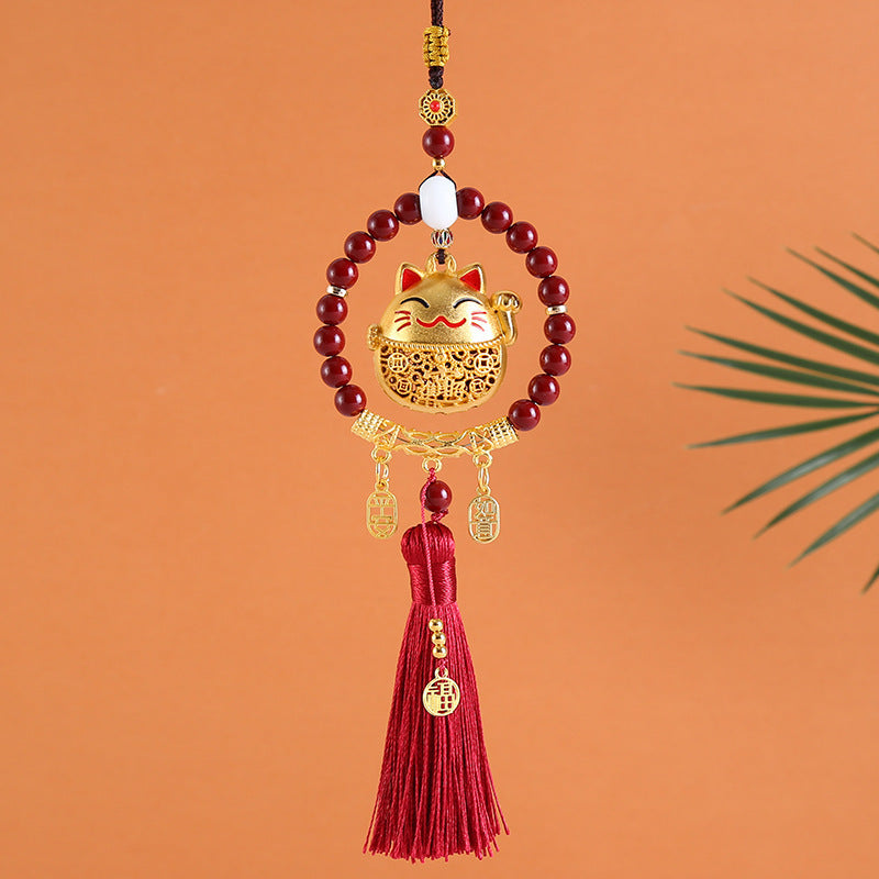 New vermilion ring bring in wealth and treasure cat ping an ruyi pendant car pendant rearview mirror creative cute car interior decoration