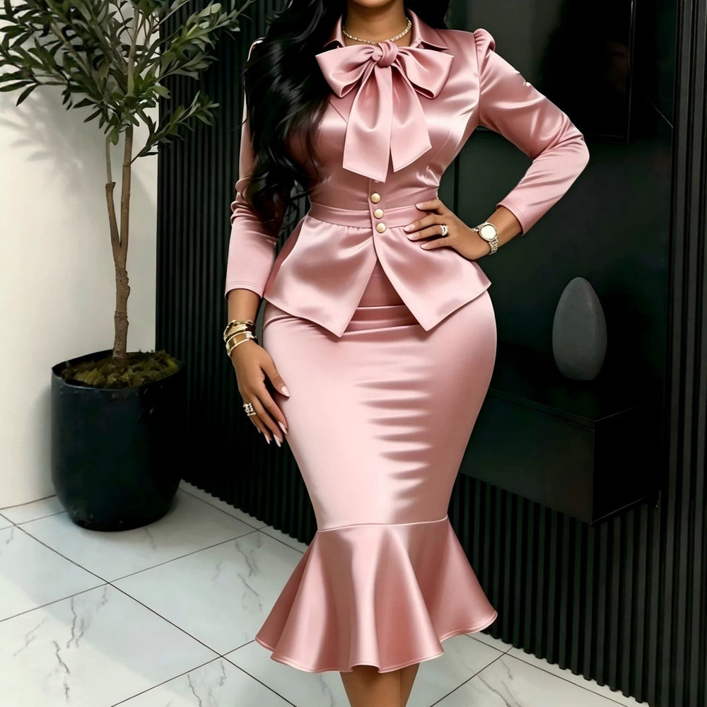 elegancesatin skirt suit bowsilm waist suit outwear mermaid hip covering two-piece set
