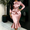 elegancesatin skirt suit bowsilm waist suit outwear mermaid hip covering two-piece set