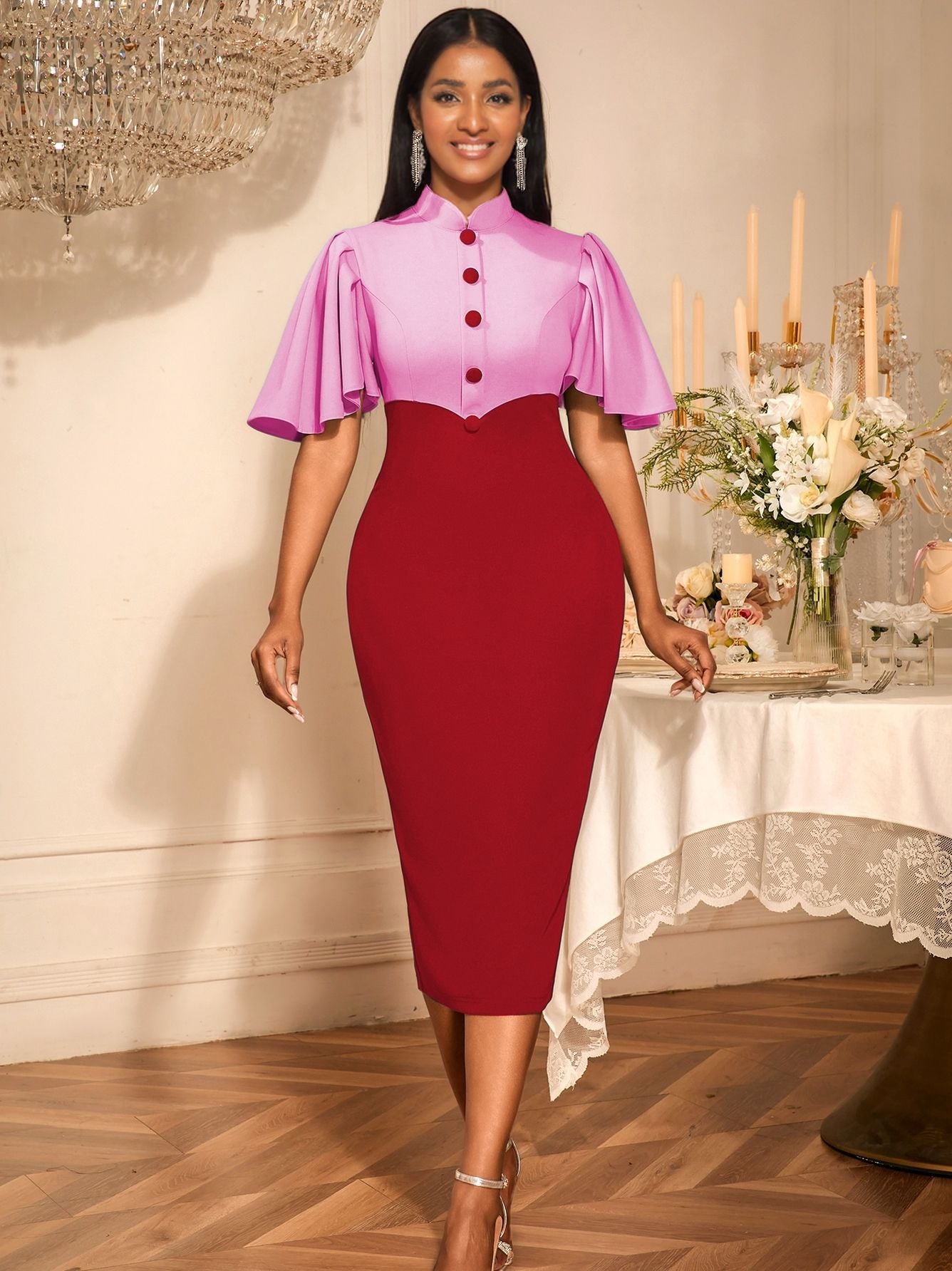 Cross-border new retro semi-turtleneck contrasting color lotus leaf sleeve dress, high waist slim and elegant party dress