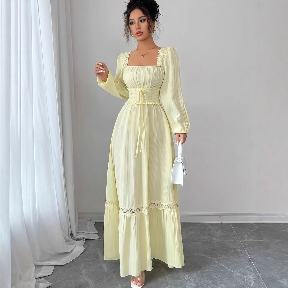 European and american cross-border women's fashion:  early autumn new arrival - solid color long sleeve u-neck lace trim patchwork cinched waist maxi dress
