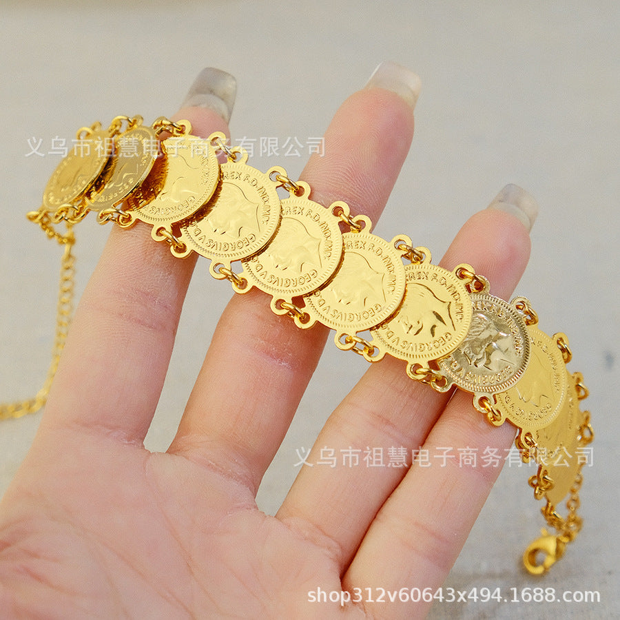 Middle eastern bohemian luxury coin bracelet with heart charm extension chain - bridal wedding birthday gift