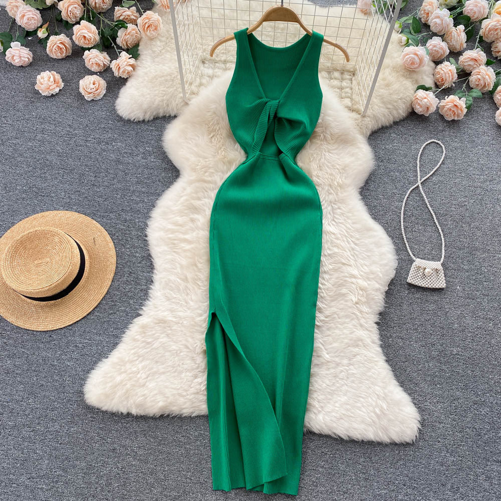 European and american style ins women's summer new sexy twist knot cleavage-enhancing hollow-out fashion two-way knitted dress