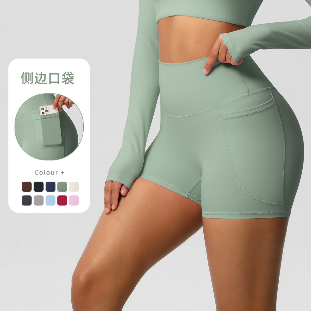 nude high waist yoga shorts quick-drying breathable tight flap pocket pants outdoor cycling sports running fitness pants
