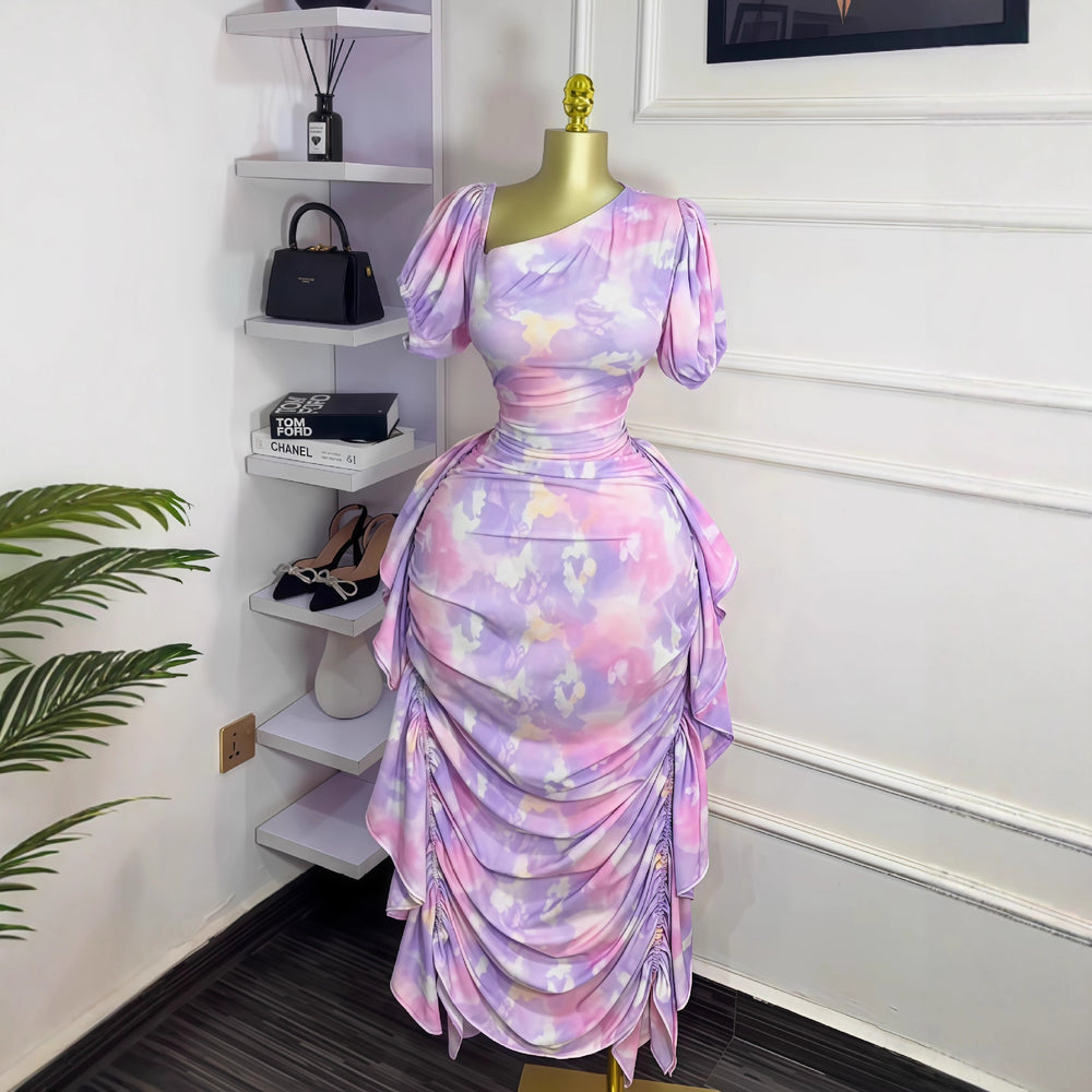 European and american cross-border women's fashion:  early autumn new arrival - bubble sleeve, asymmetrical neckline, printed ruffle trim, bodycon elegant dress