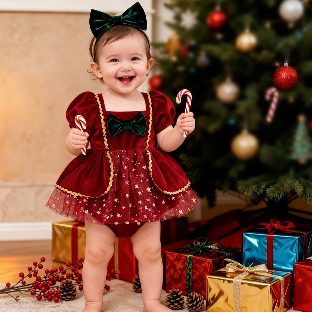 Baby girl christmas gold sequin velvet patchwork mesh romper dress