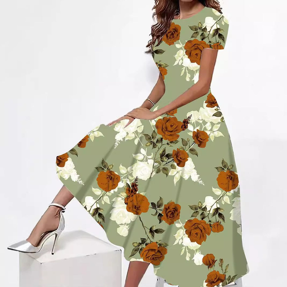 2024 european and american cross-border spring/summer new digital print round neck dress