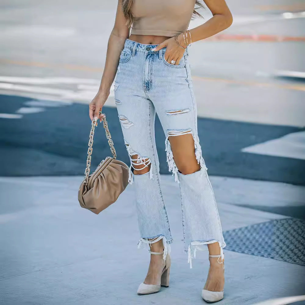 Amazon  fringed jeans for women fashionnew arrivalelegantwork clothingfashion washed hole straight-leg pants