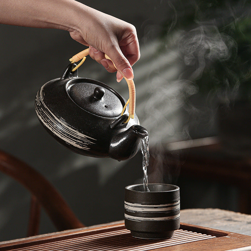Japanese retro ceramic home tea maker tea cup single pot creative bamboo handle satchel tea set cold water kettle suit