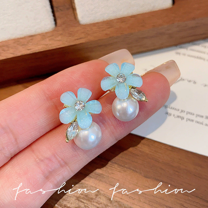 S925 sterling silver needle iced blue floral pearl stud earrings - elegant, chic, and trendy earrings for women