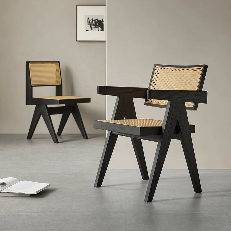 Chandigarh Chair Wabi Solid Wood Dining Chair Rattan with Armrests Black Ash Home