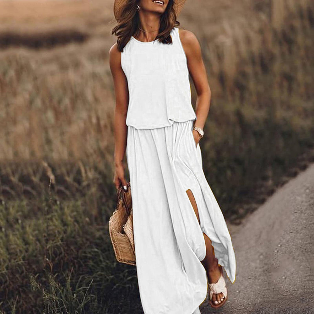 summer new arrivals: cross-border  fashion - european & american style women's sleeveless crew neck dress with slit, available in multiple solid colors