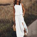 summer new arrivals: cross-border  fashion - european & american style women's sleeveless crew neck dress with slit, available in multiple solid colors