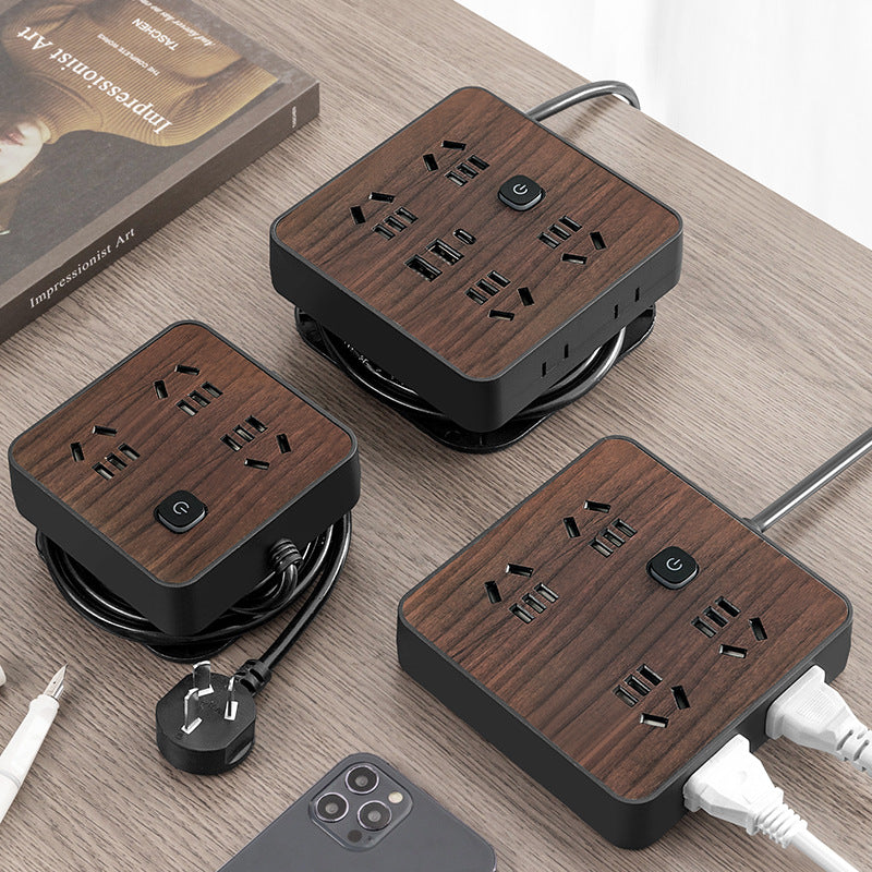 Double shell wood grain socket panel desktop multi-functional for homeusb charging socket with cable plug inspection and drag socket board