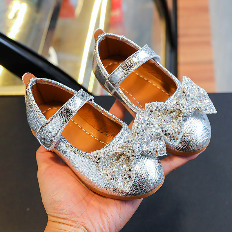 Girls'  spring bowknot soft-soled princess leather shoes - velcro closure, korean style for little princesses (sizes for mid-to-large children)