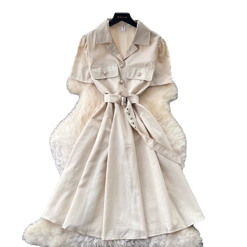 Lightly mature french style work clothingsilmdress women's summer short-sleeved lapel metal buckle waist a-line skirt elegance