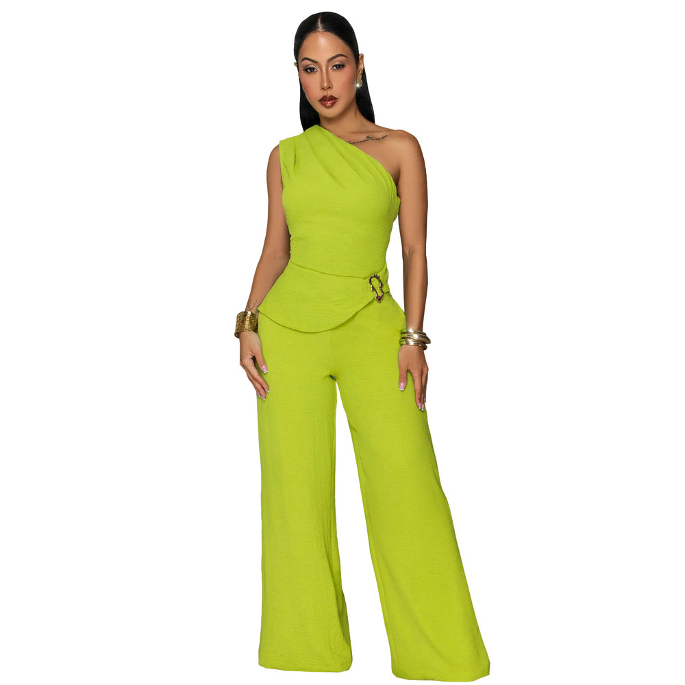 C7736 cross-border    new women's casual solid color one-shoulder top and pants two-piece set