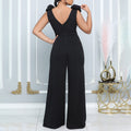C8580 european and american women's clothing  new fashion v-neck sexy wide-leg pants solid color high-neck sleeveless cinched waist jumpsuit