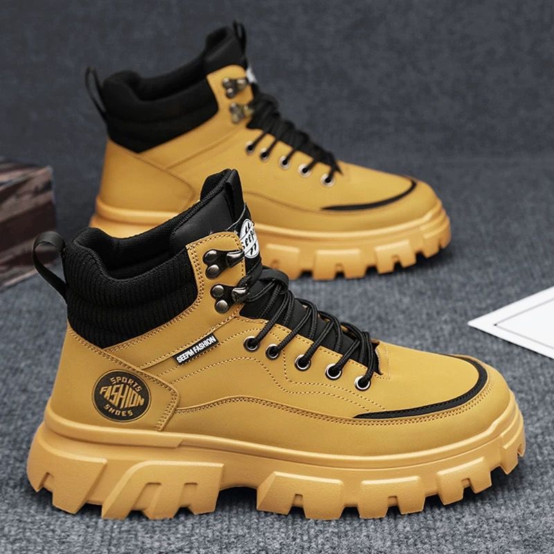 High-top men's shoes winter leather waterproofthick sole hidden heel british style rhubarb bootsmenhiking short boots