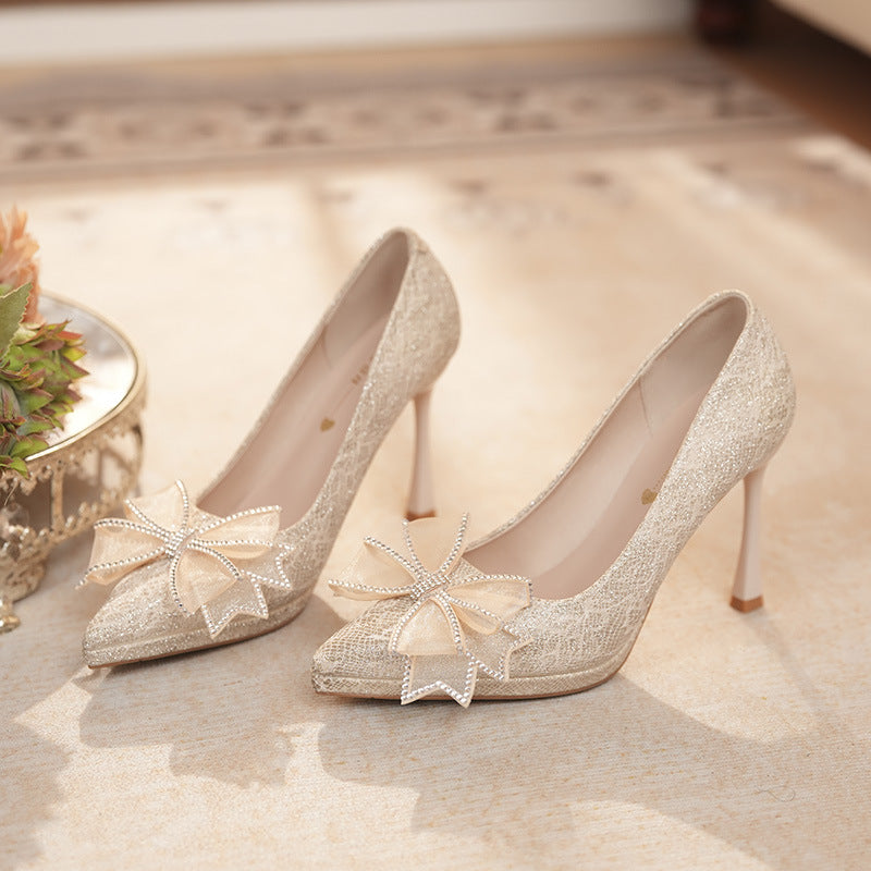 Champagne pointed toe high heels women's wedding shoes xiuhe wedding dress two-wear bridesmaid shoes rhinestone bows waterproof platform pueraria lobata