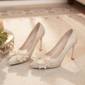 Champagne pointed toe high heels women's wedding shoes xiuhe wedding dress two-wear bridesmaid shoes rhinestone bows waterproof platform pueraria lobata