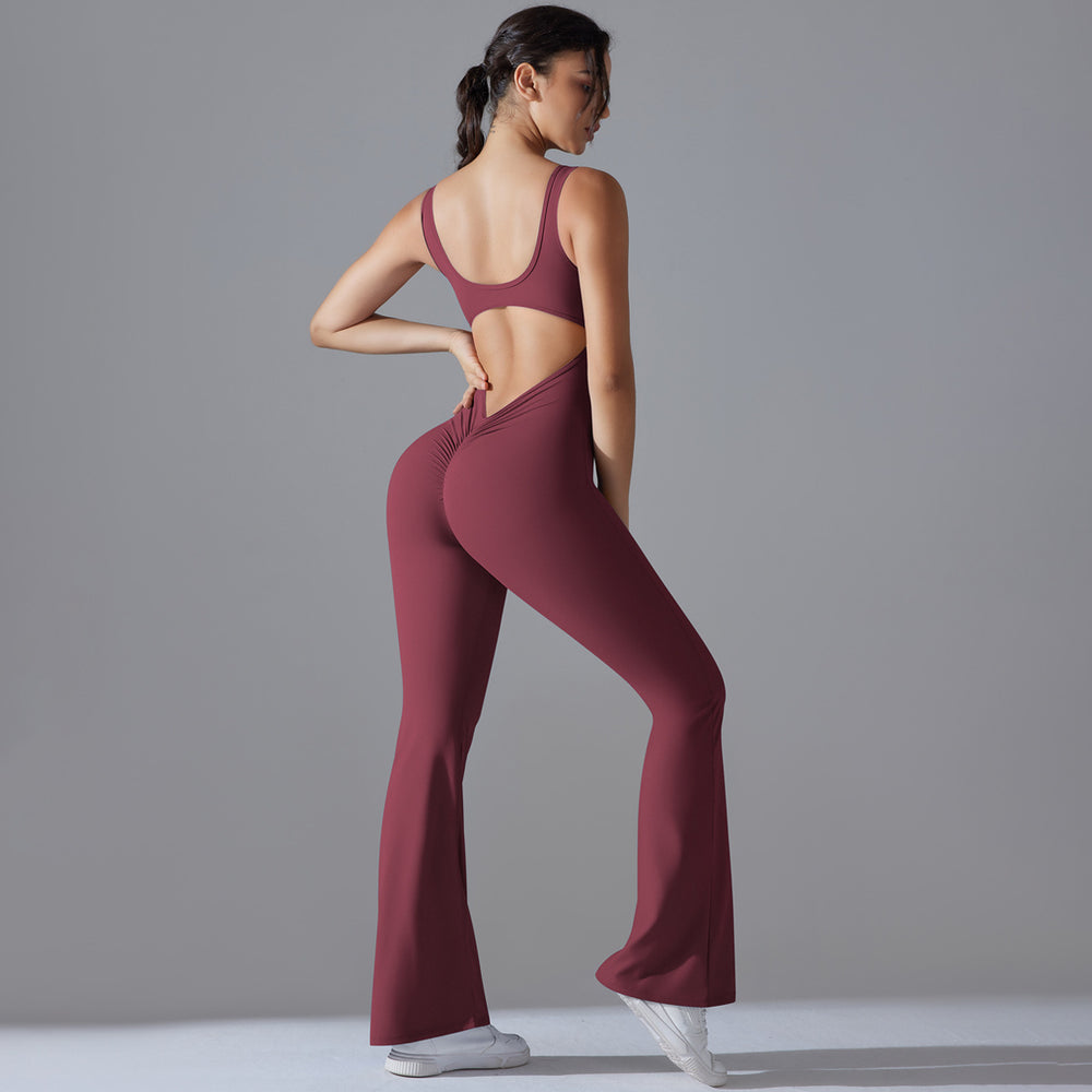 New arrival cross-border pure color beautiful back hip lifting longsilm wide leg jumpsuit sports running fitness jumpsuit yoga wear