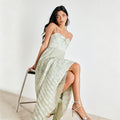 C7750 cross-border  new women's fresh light green pleated jacquard camisole pleated long maxi dress