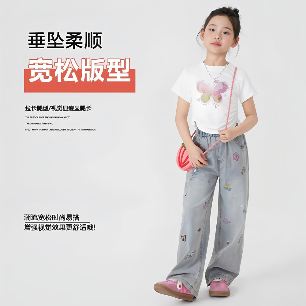 Girls' summer lightweight pants, new  styles for older girls, straight-leg wide-leg trousers, kids' tencel denim jeans