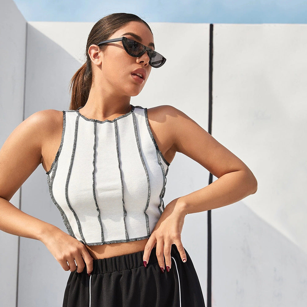 2024 spot  European and American hot-selling contrasting color sewing line outer car round neck T-shirt, slim short vest top women