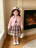 exclusive supply of elegance woolen outwear + plaid a-skirt + bow hat fall and wintergirlsuit three-piece set