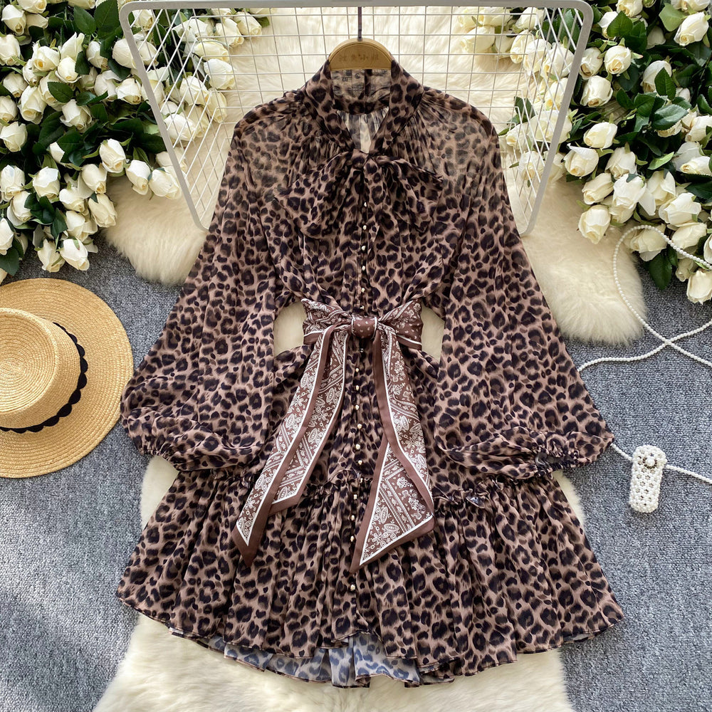 European and american style niche chic dress - women's fashionable silk scarf tie-waist lantern sleeve leopard print mesh a-line mini dress