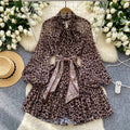 European and american style niche chic dress - women's fashionable silk scarf tie-waist lantern sleeve leopard print mesh a-line mini dress