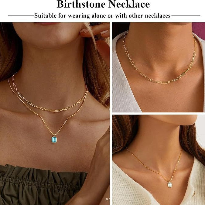 december birthstone double-layered necklace for women rectangular pendant december birthstone 18k real gold plating