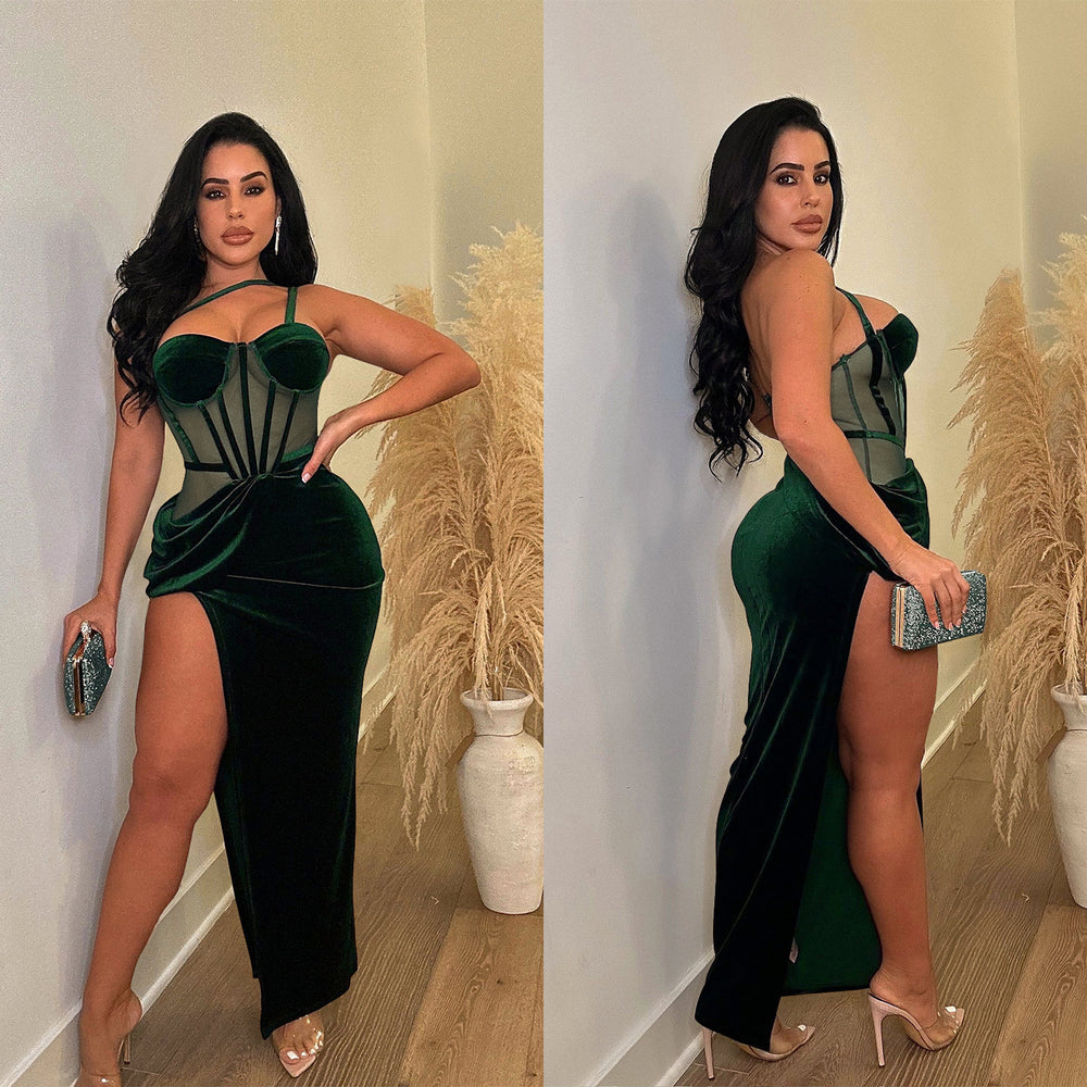 C6732 cross-border   fashion women's solid color mesh suspender slit maxi dress