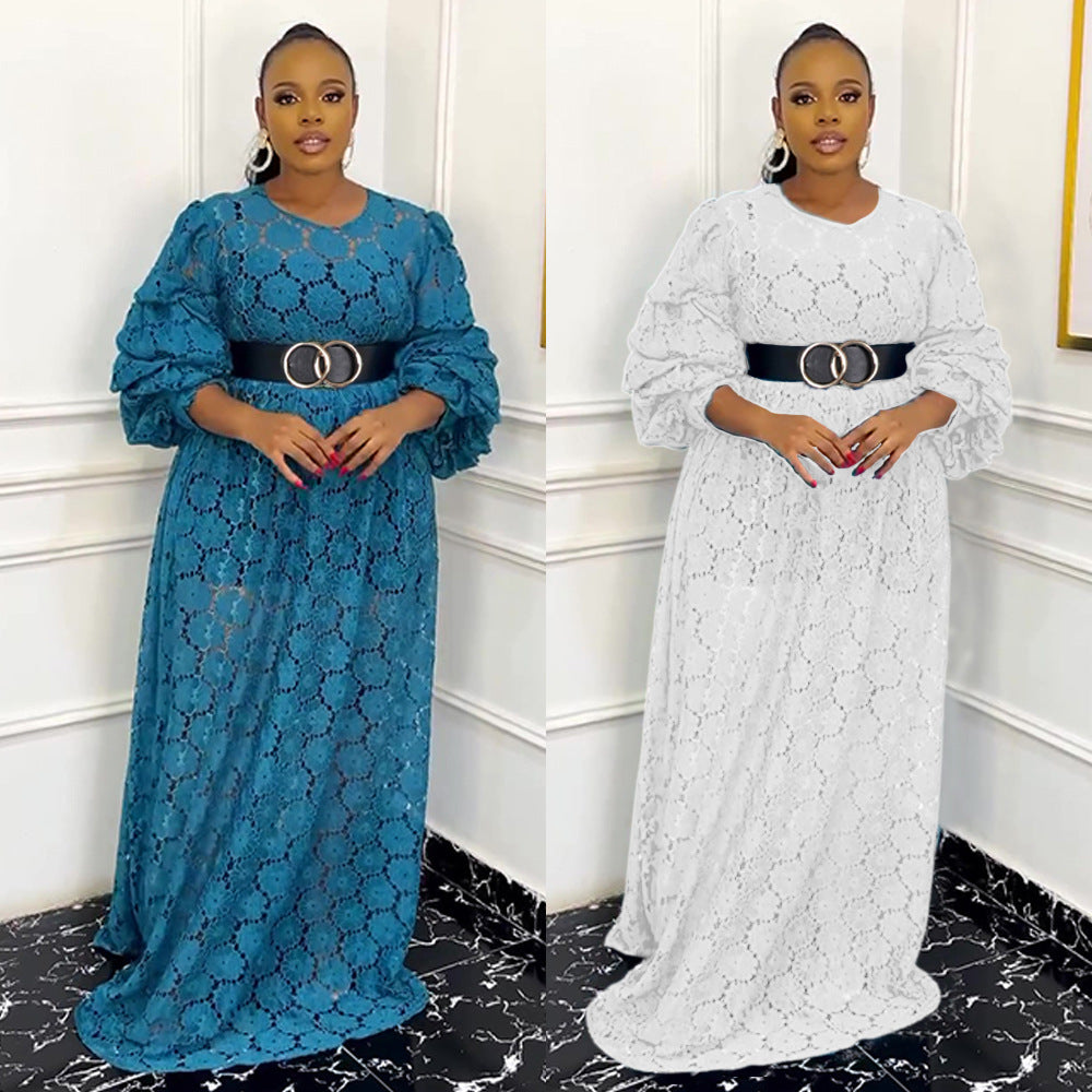European and american  african robe plus size women's clothing african  cross-border foreign trade round neck lace dress