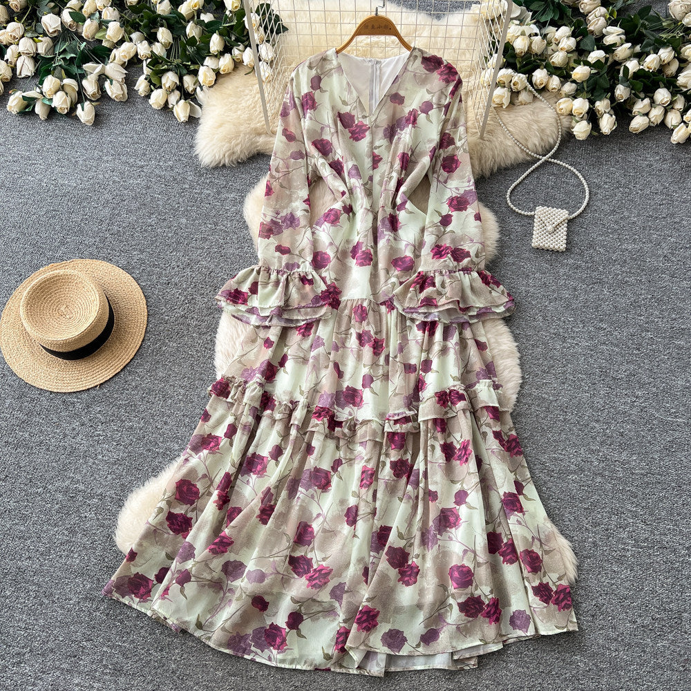French riviera-inspired printed v-neck dress - women's long sleeve tie-waist maxi dress - slim fit, work-ready