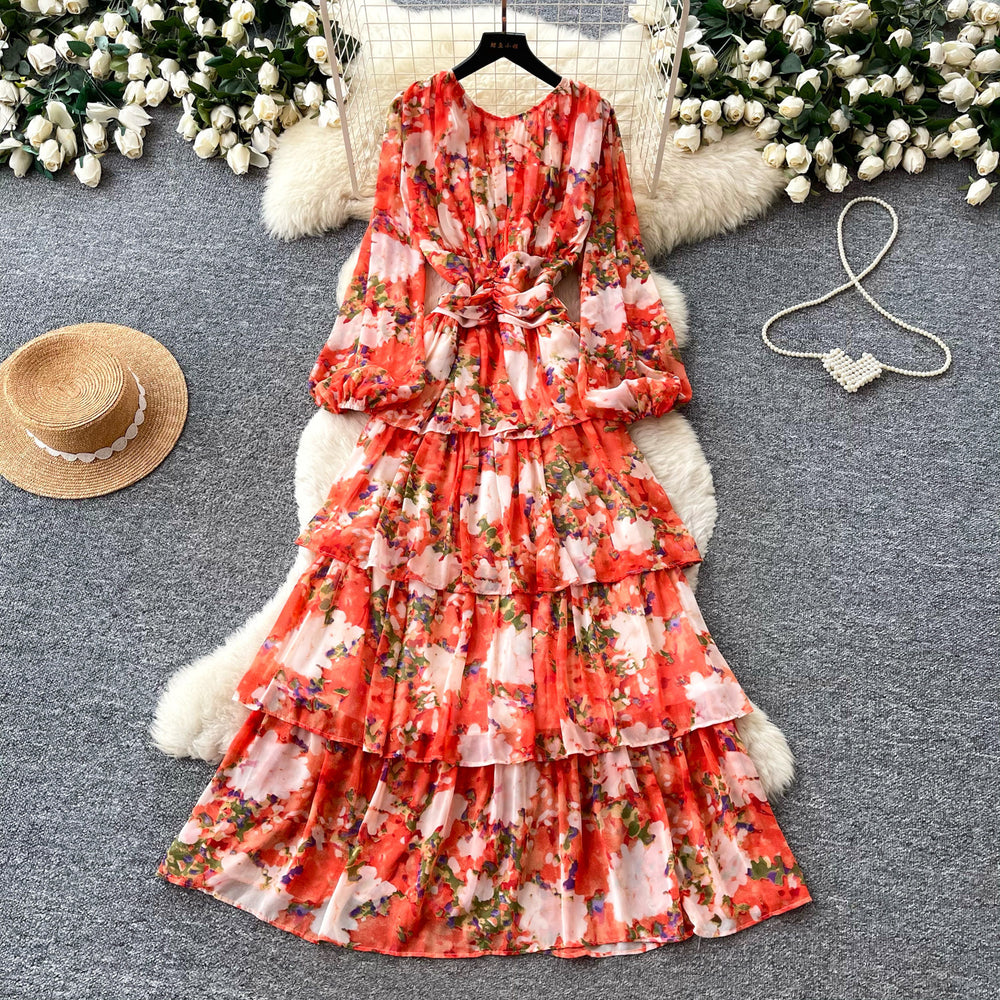 Frenchromantic style lantern sleeve floral dress female autumk-style waist slimming lookruffleselegant cake skirt