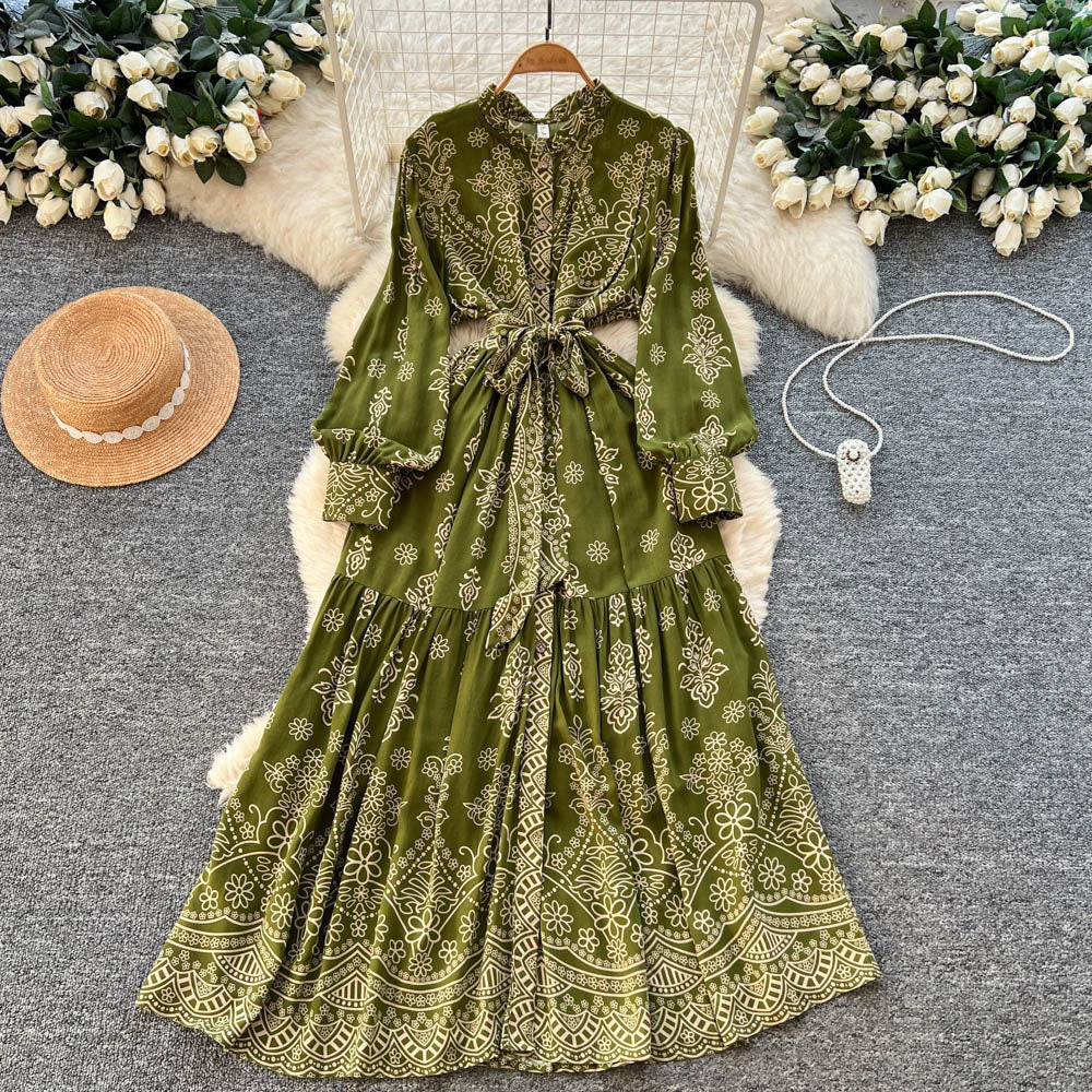 Vintage print ruffle collar tie-waist a-line maxi dress - long sleeve, slimming, and perfect for work