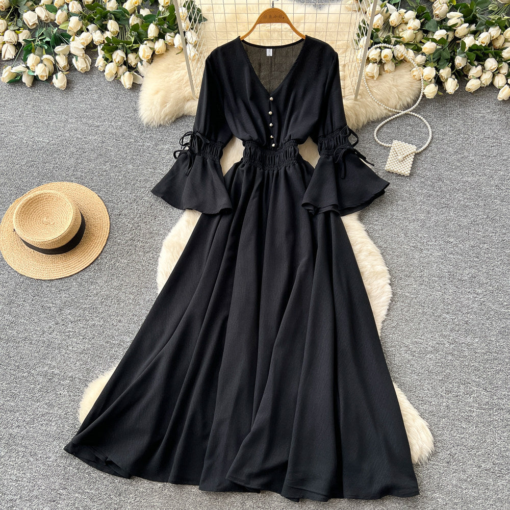 Vintage chic lantern sleeve v-neck tie-up dress - spring korean style women's red slimming waist elegant maxi dress