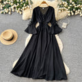 Vintage chic lantern sleeve v-neck tie-up dress - spring korean style women's red slimming waist elegant maxi dress