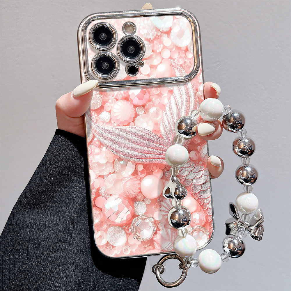 Suitable for iphone16 pink mermaid tail mobile phone case apple 17 girly heart anti-fall electroplated large window soft case